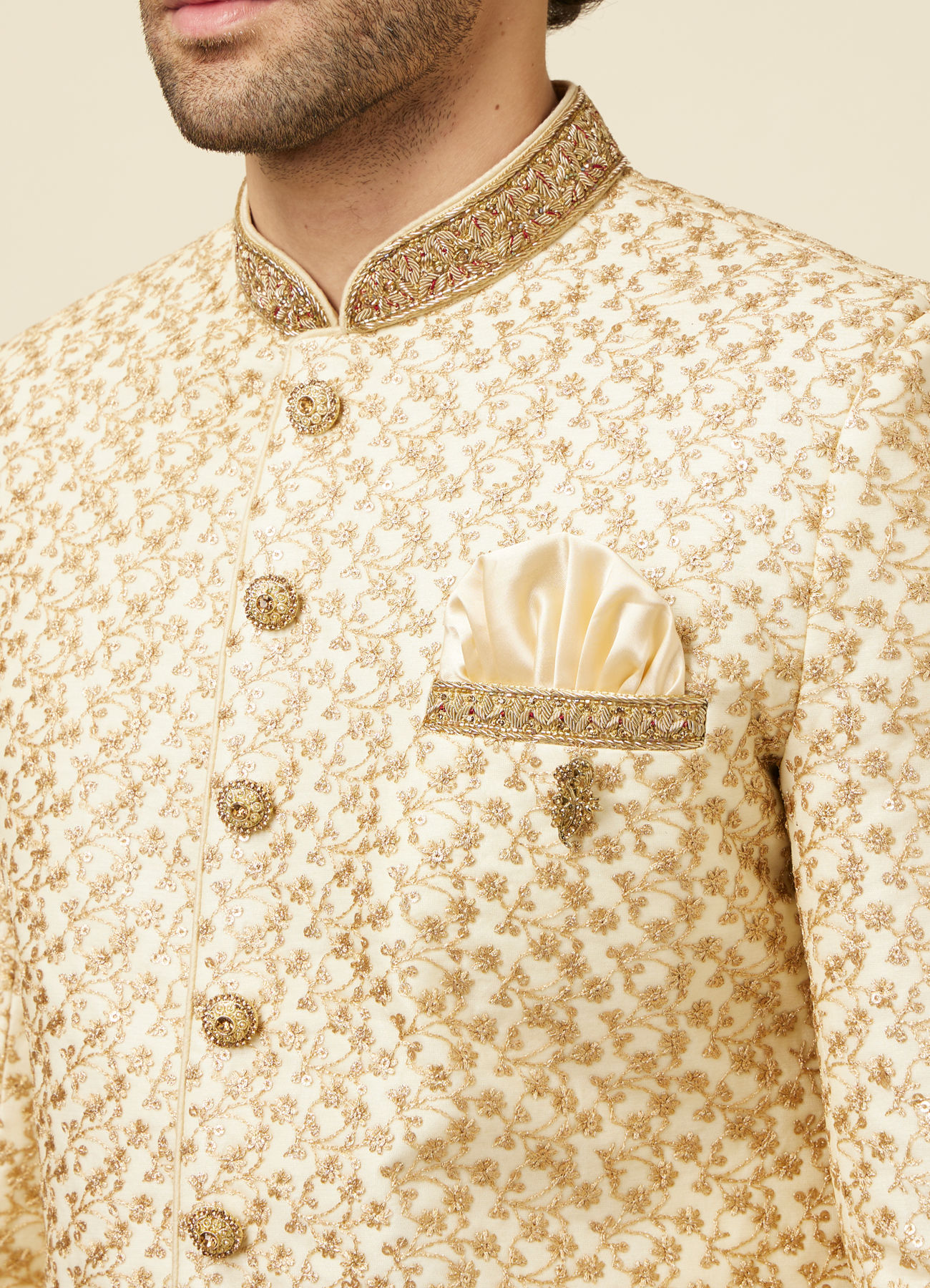 Manyavar Men Classy Cream Color Sangeet Sherwani