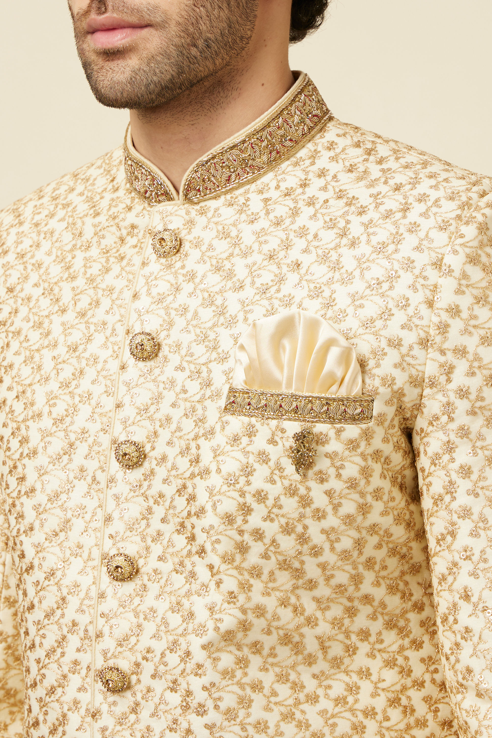 Manyavar Men Classy Cream Color Sangeet Sherwani