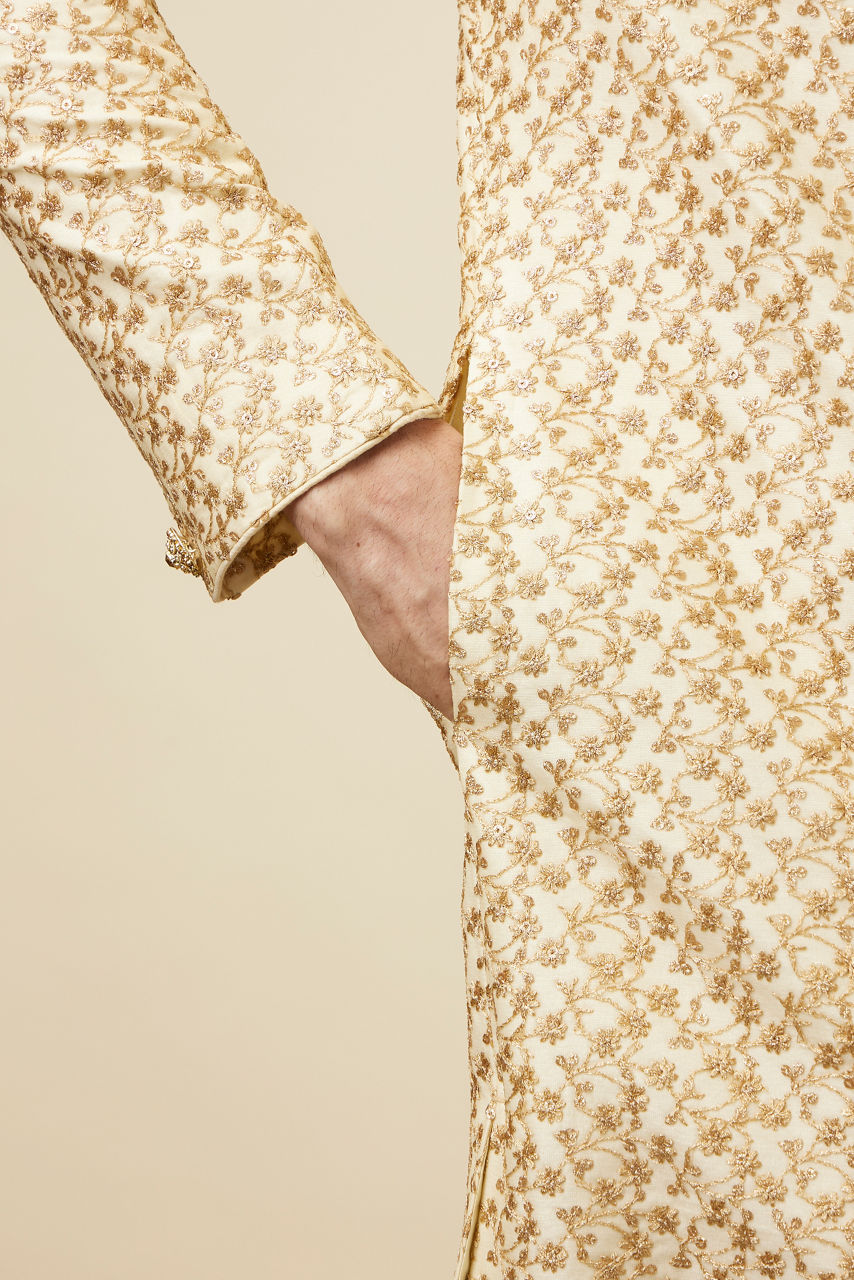 Manyavar Men Classy Cream Color Sangeet Sherwani