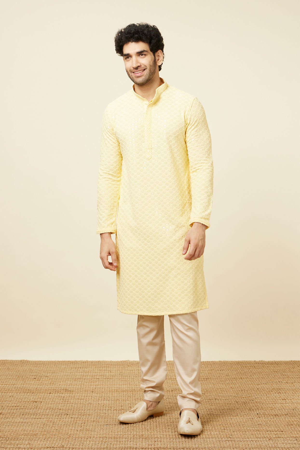 alt message - Manyavar Men Pista Colour Cotton Pencil Fit Pant image number 3