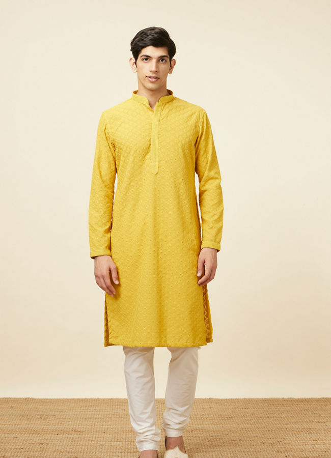 Manyavar Men Mustard Yellow Chikankari Kurta Pajama