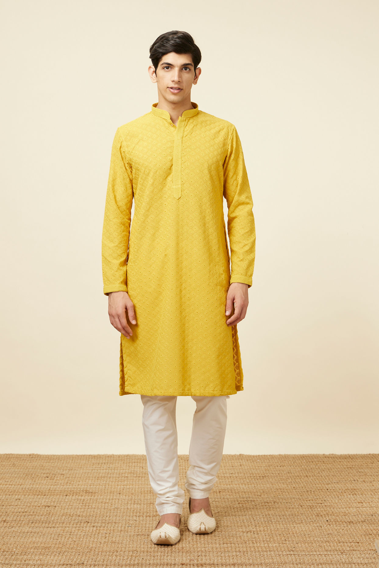 Manyavar Men Mustard Yellow Chikankari Kurta Pajama