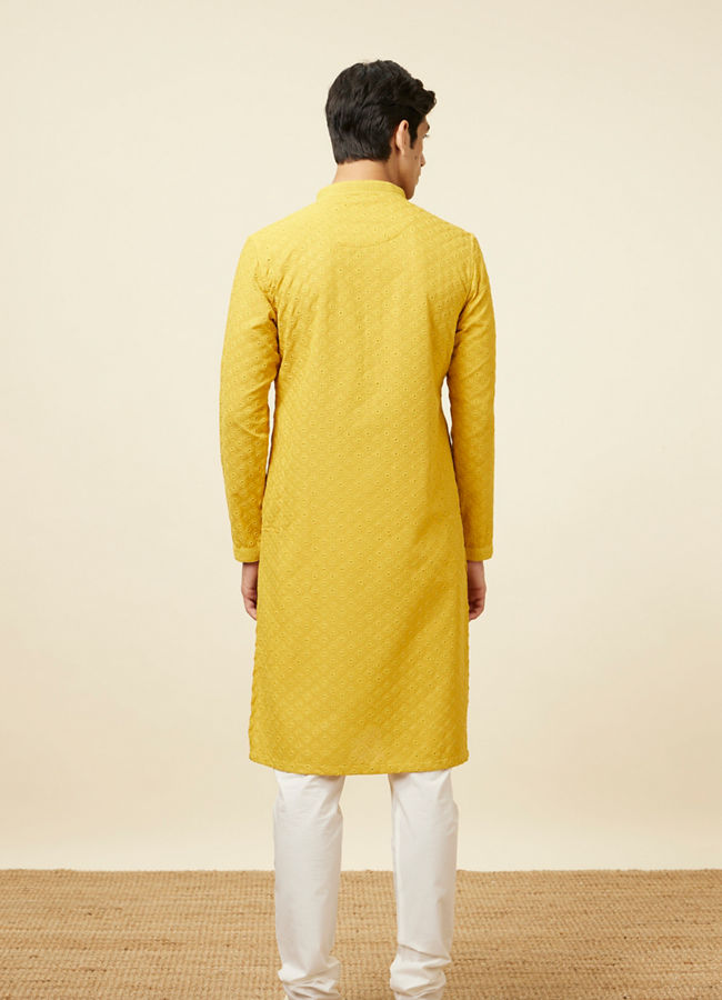 Manyavar Men Mustard Yellow Chikankari Kurta Pajama