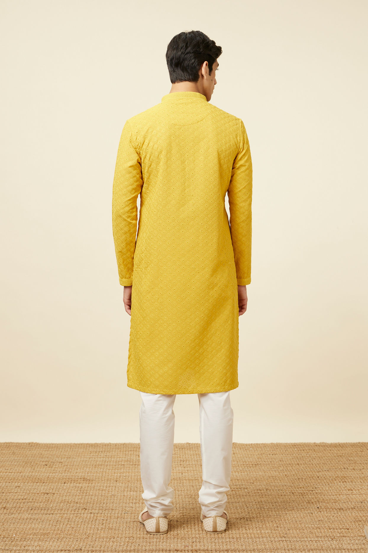 Manyavar Men Mustard Yellow Chikankari Kurta Pajama