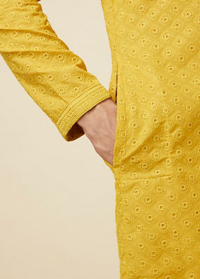 alt message - Manyavar Men Mustard Yellow Chikankari Kurta Pajama image number 3