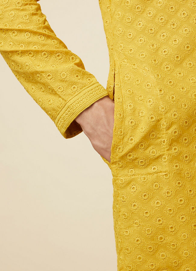 Manyavar Men Mustard Yellow Chikankari Kurta Pajama