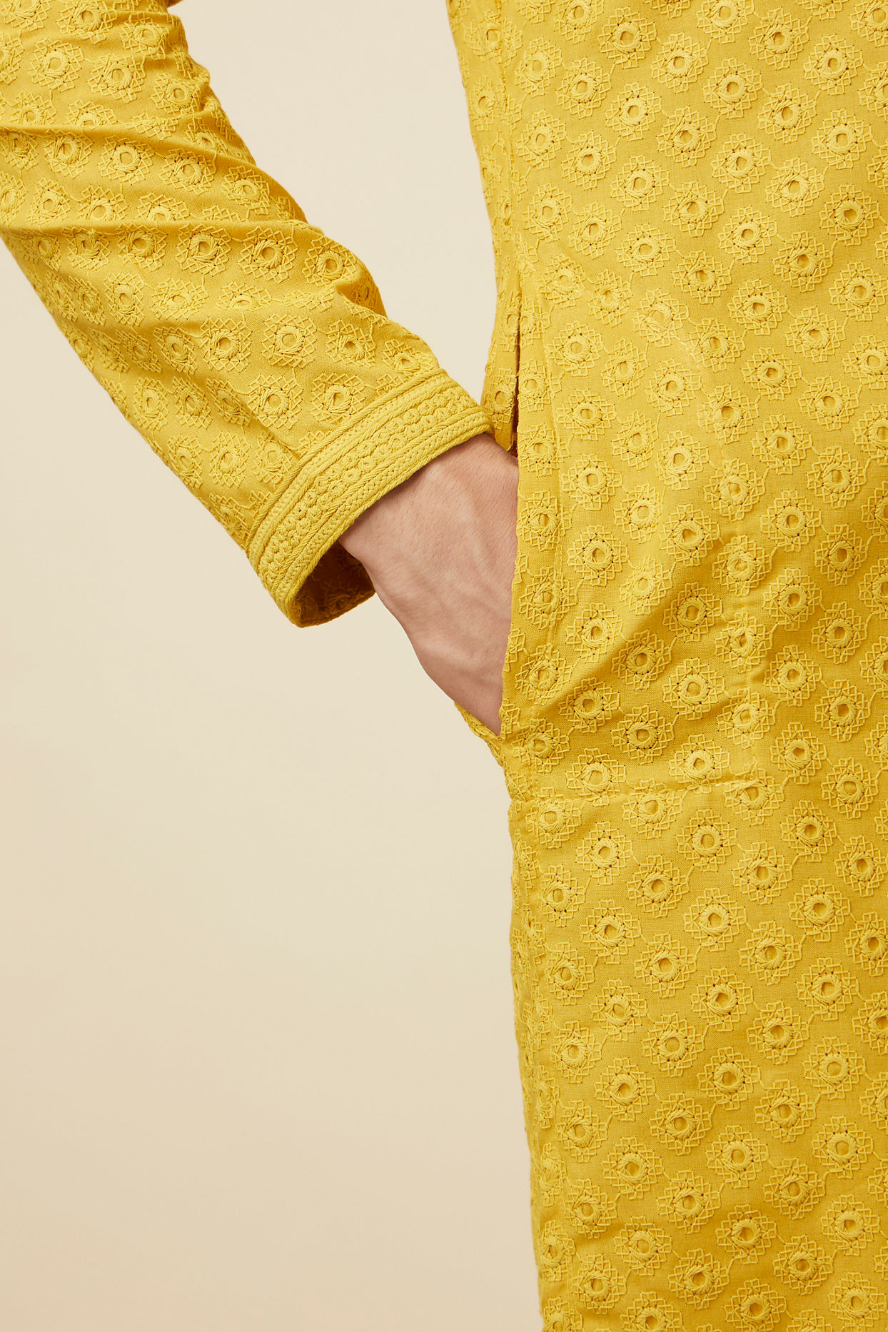 Manyavar Men Mustard Yellow Chikankari Kurta Pajama