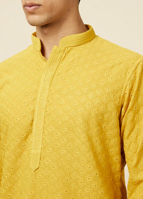 alt message - Manyavar Men Mustard Yellow Chikankari Kurta Pajama image number 1