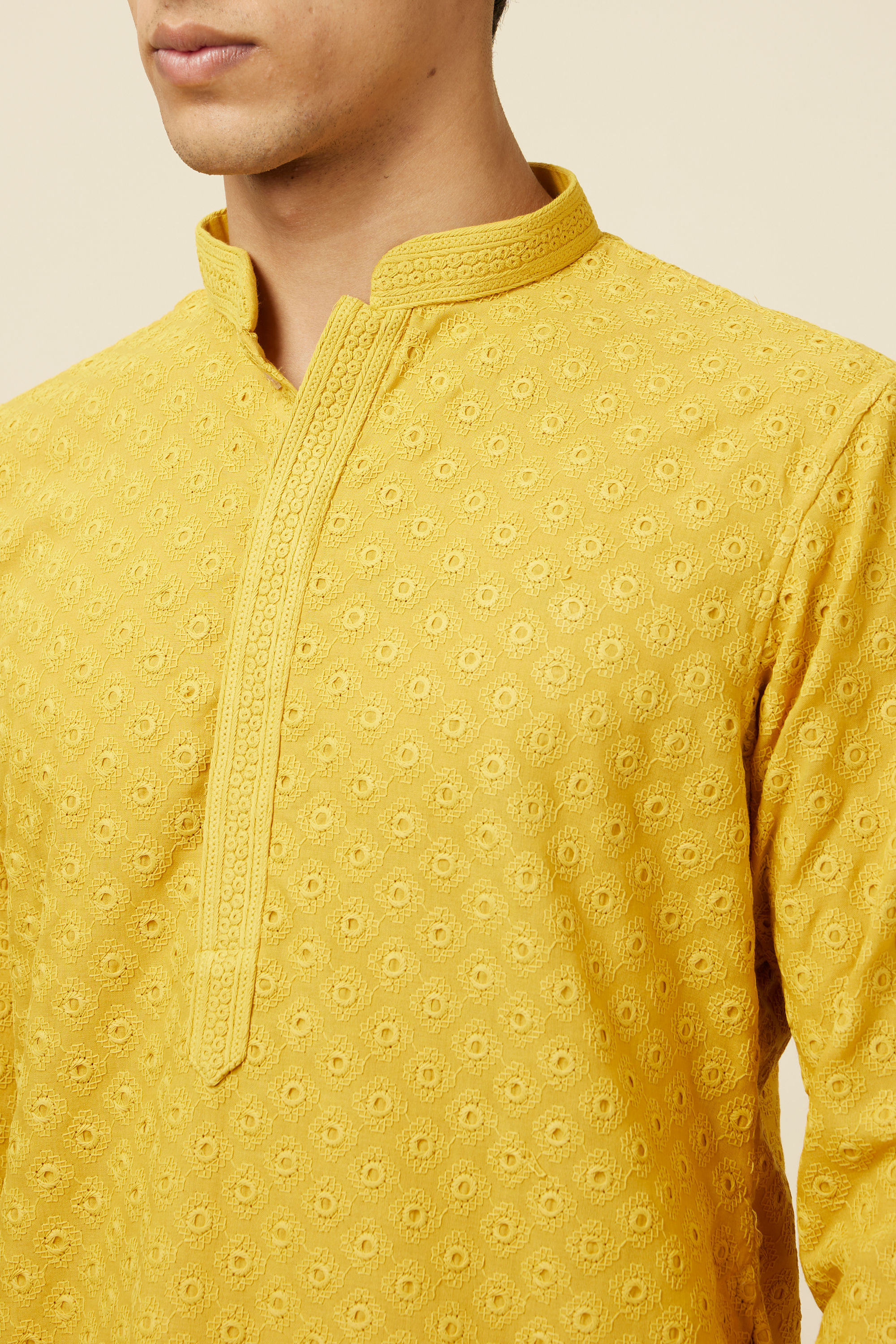 Manyavar Men Mustard Yellow Chikankari Kurta Pajama