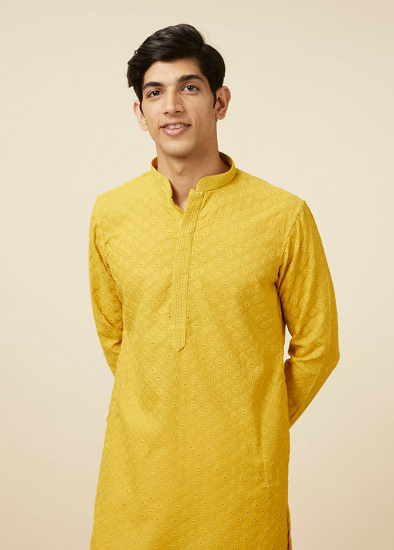 Manyavar Men Mustard Yellow Chikankari Kurta Pajama