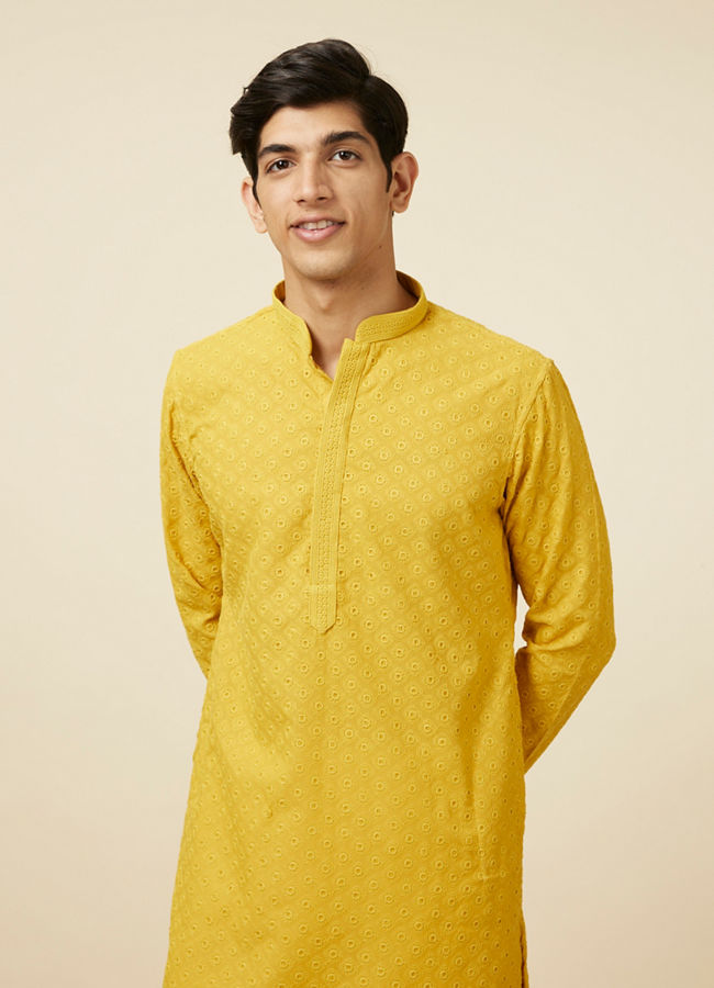 Mustard Yellow Chikankari Kurta Pajama image number 0