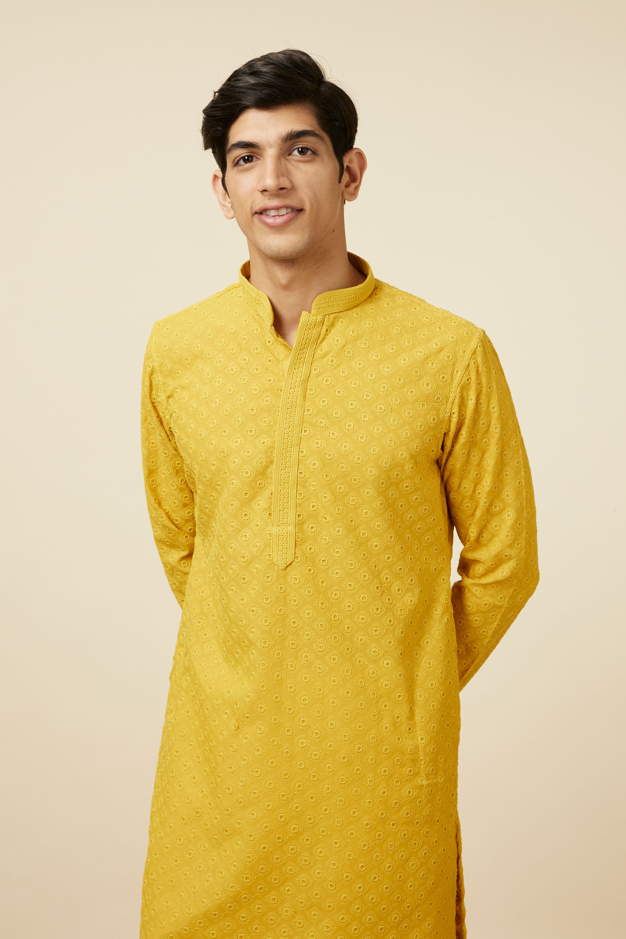 Manyavar Men Mustard Yellow Chikankari Kurta Pajama