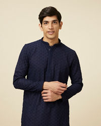 Manyavar Men Navy Blue Self Design Kurta Pajama