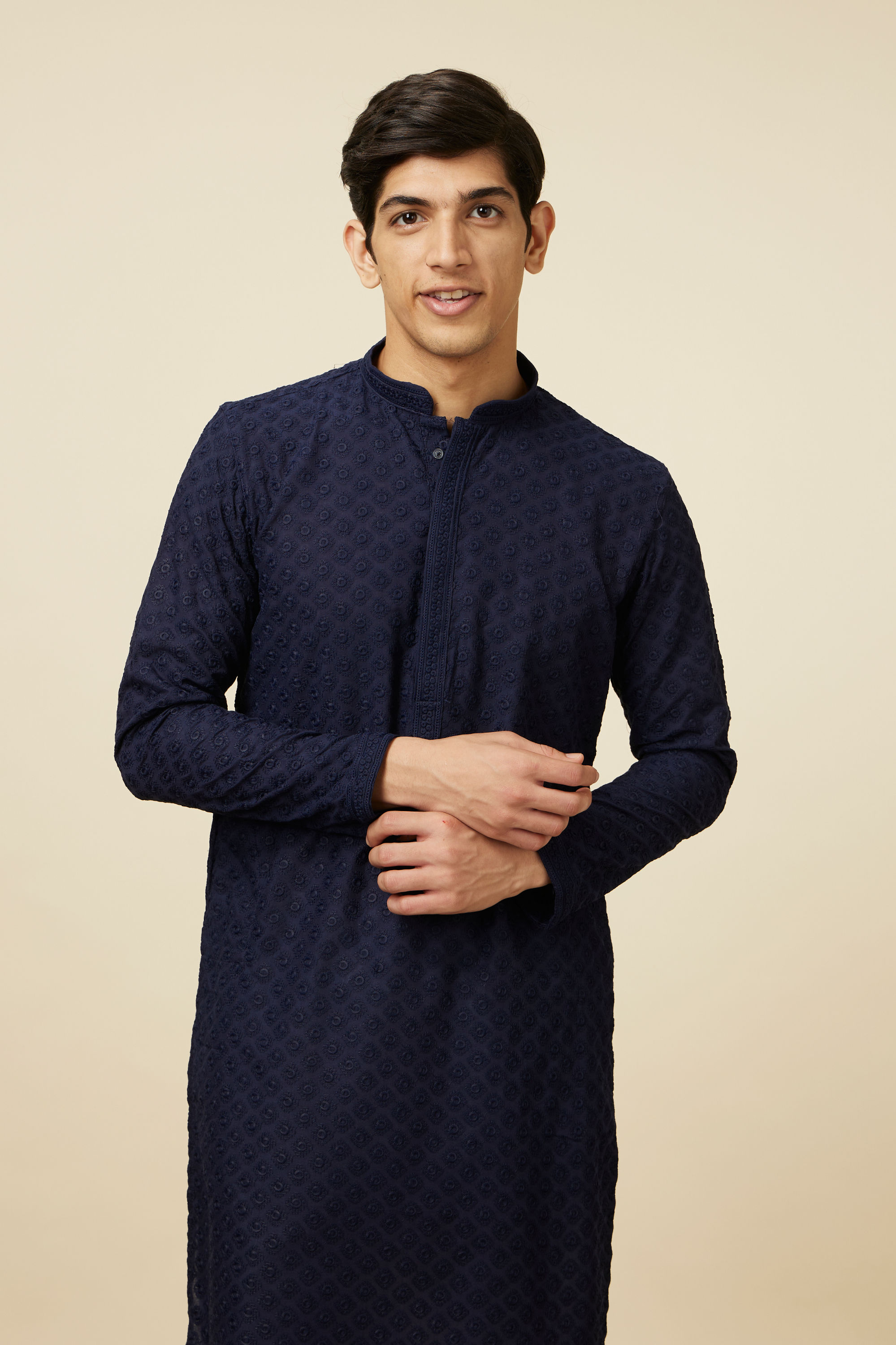 Manyavar Men Navy Blue Self Design Kurta Pajama