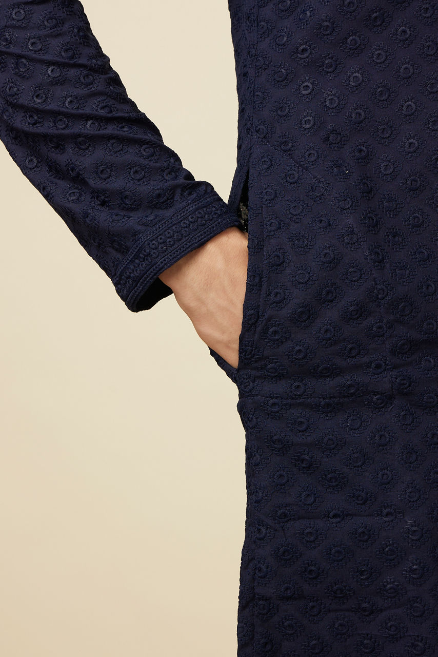 Manyavar Men Navy Blue Self Design Kurta Pajama