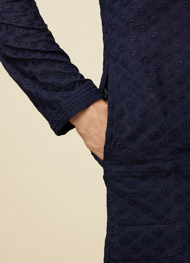 Manyavar Men Navy Blue Self Design Kurta Pajama