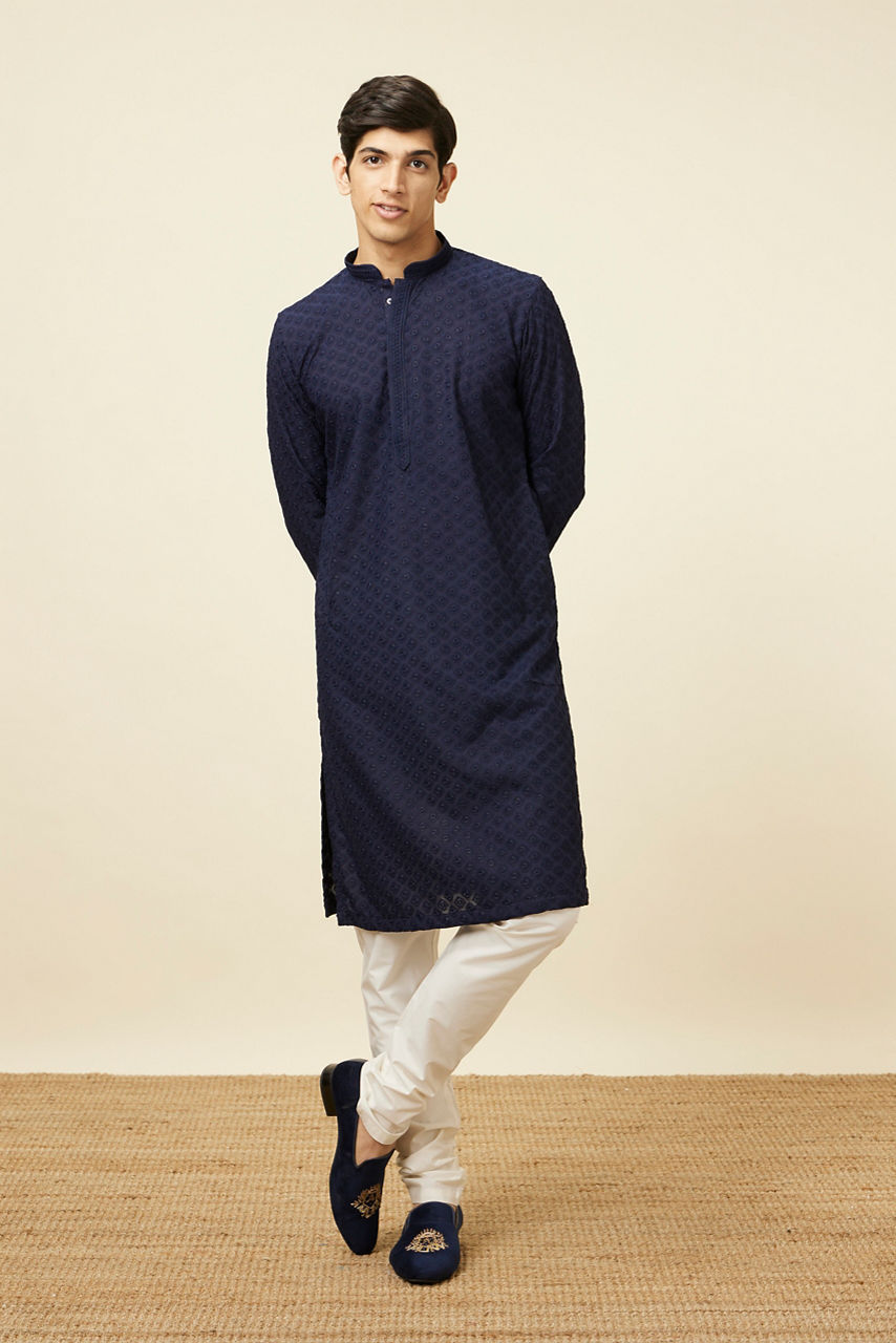 Manyavar Men Navy Blue Self Design Kurta Pajama