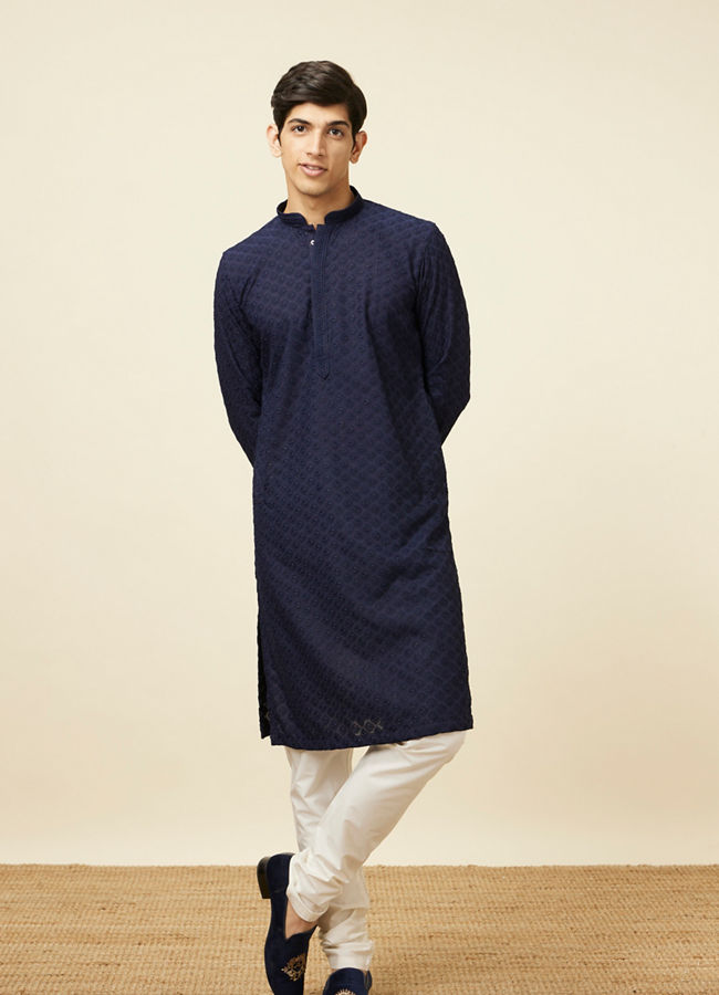 Navy Blue Self Design Kurta Pajama image number 2