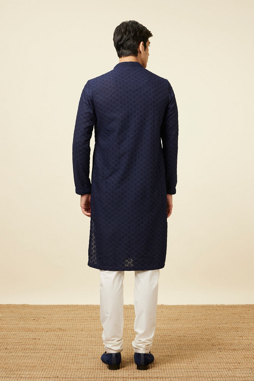 Manyavar Men Navy Blue Self Design Kurta Pajama