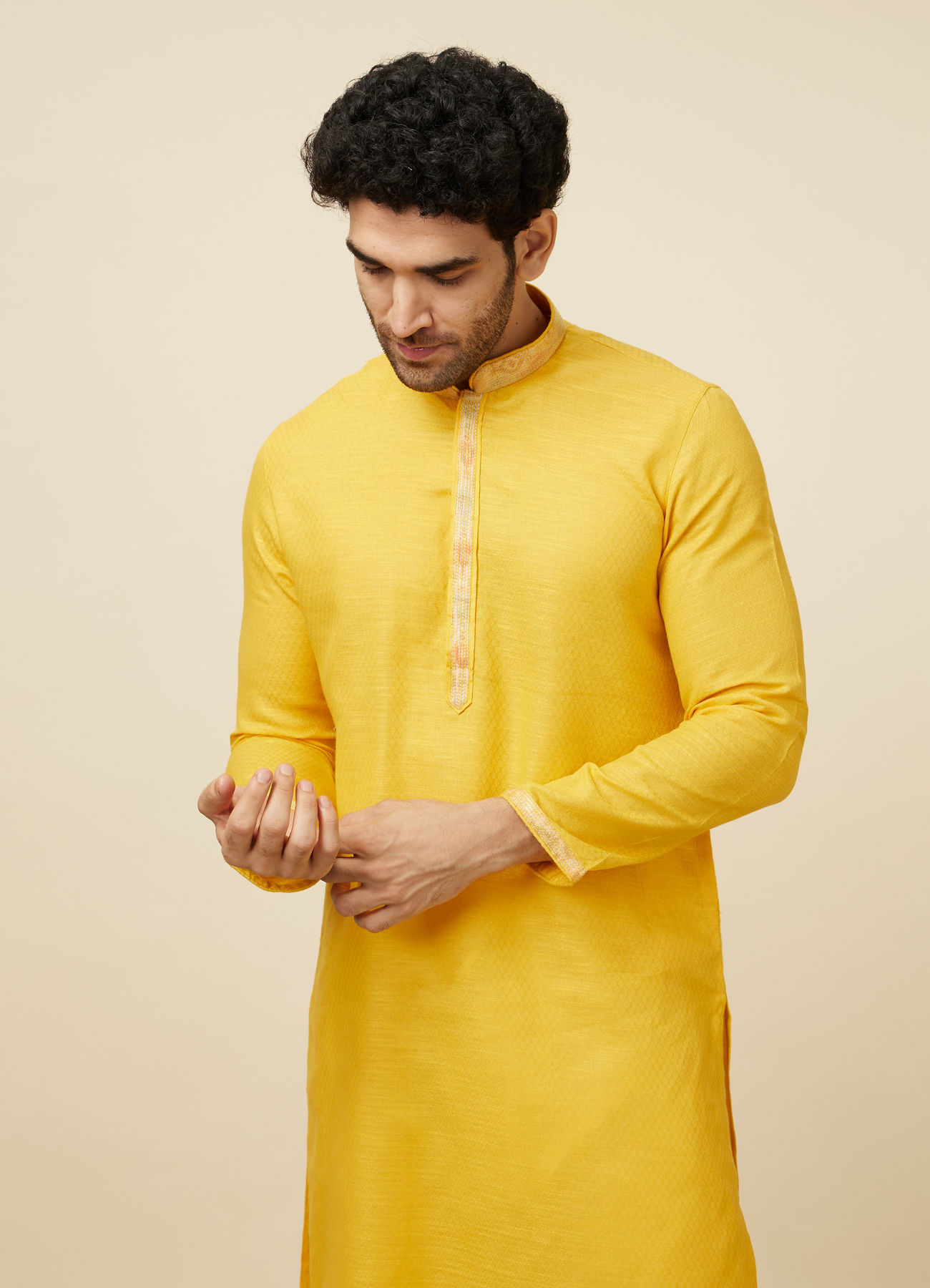 Manyavar Men Yellow Self Woven Kurta Pajama Set