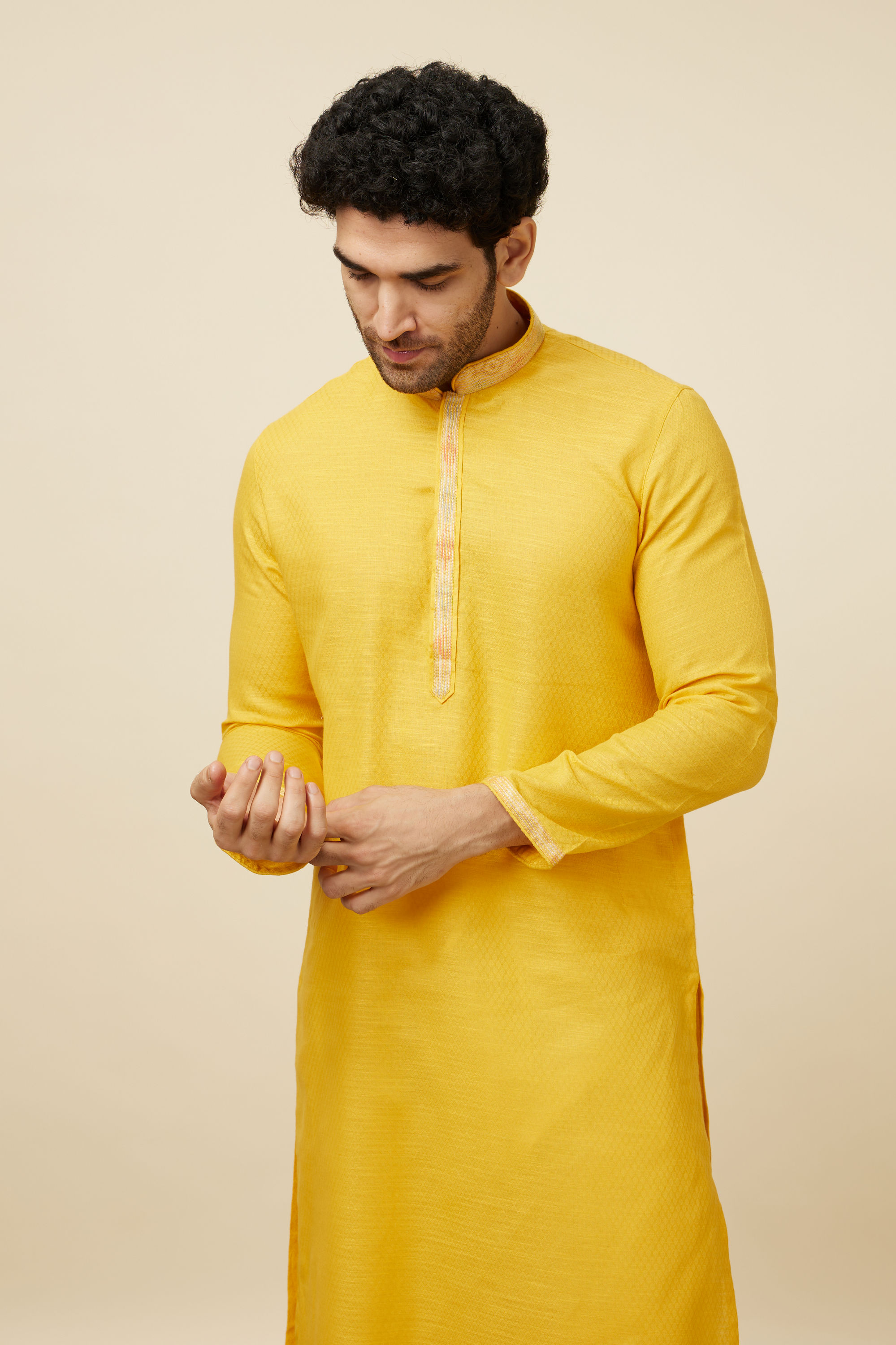 Manyavar Men Yellow Self Woven Kurta Pajama Set