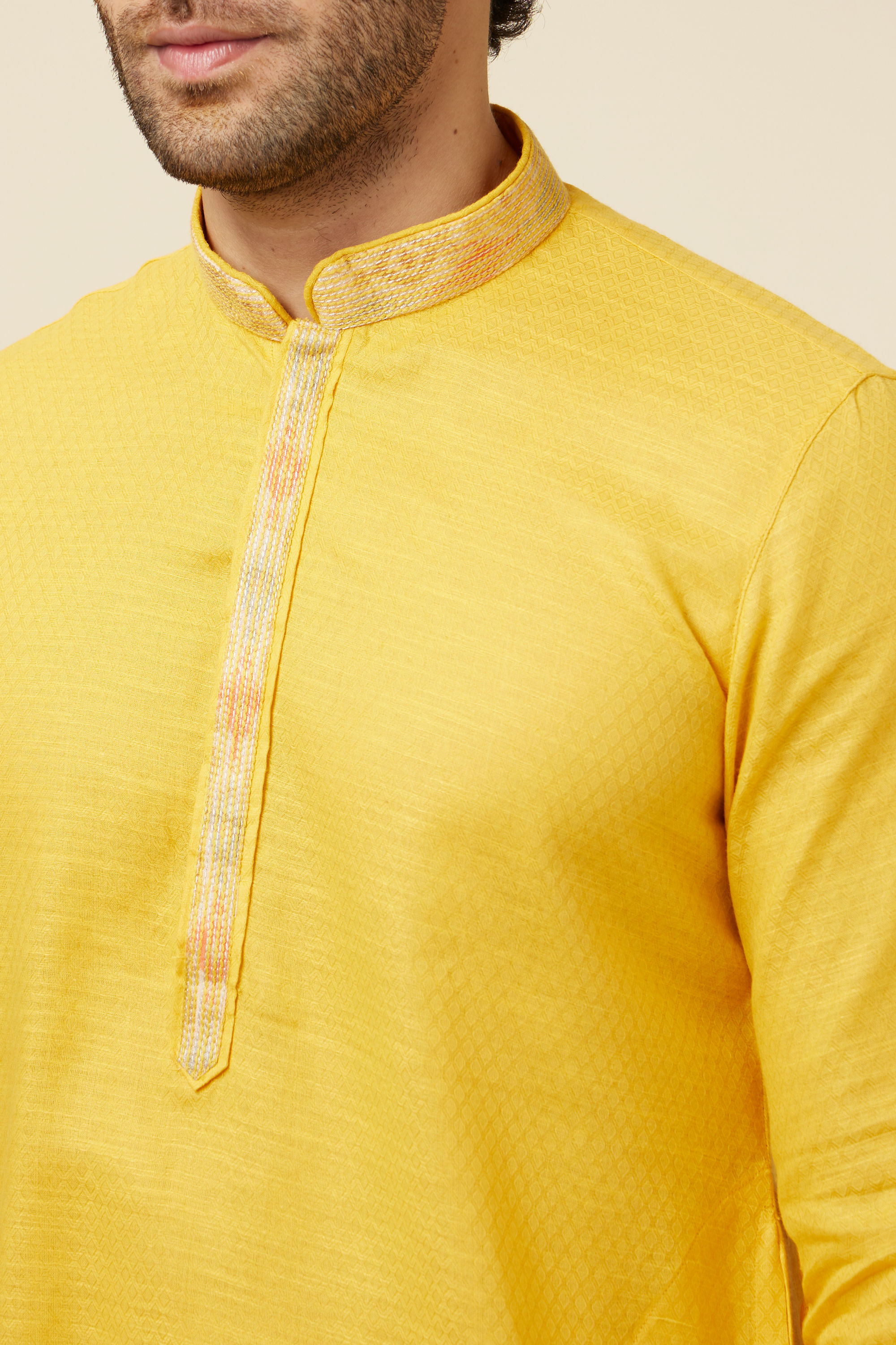 Manyavar Men Yellow Self Woven Kurta Pajama Set