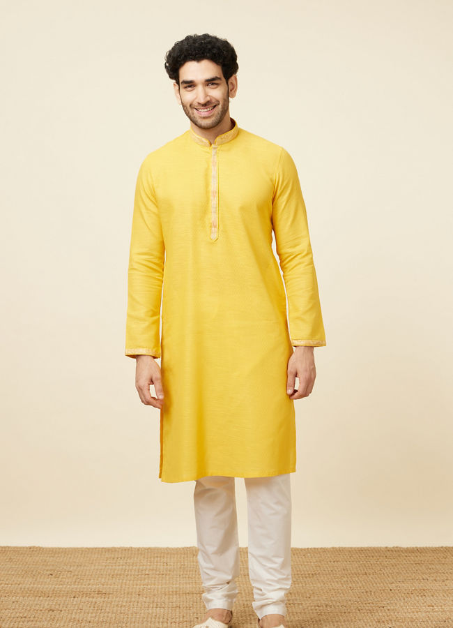 Yellow Self Woven Kurta Pajama Set image number 2