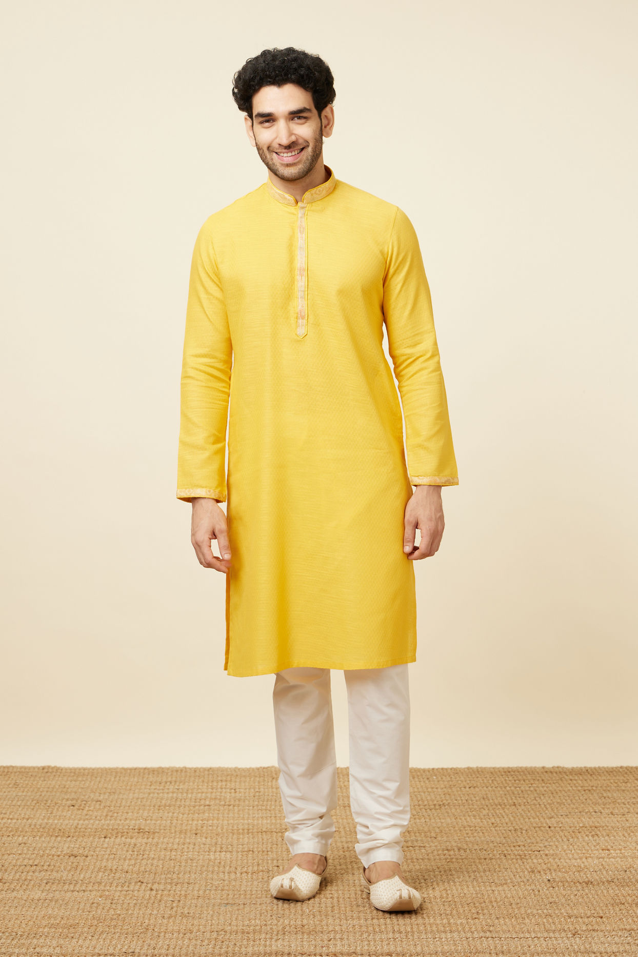 Yellow Self Woven Kurta Pajama Set image number 2