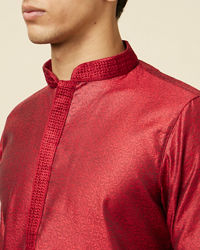 Manyavar Men Ruby Red Self Design Kurta Pajama