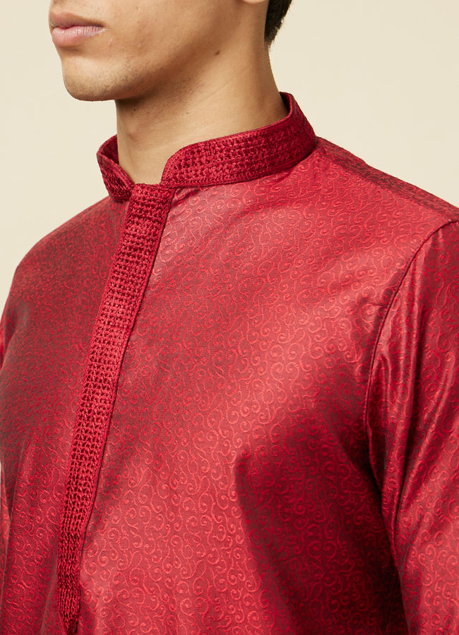 alt message - Manyavar Men Ruby Red Self Design Kurta Pajama image number 1