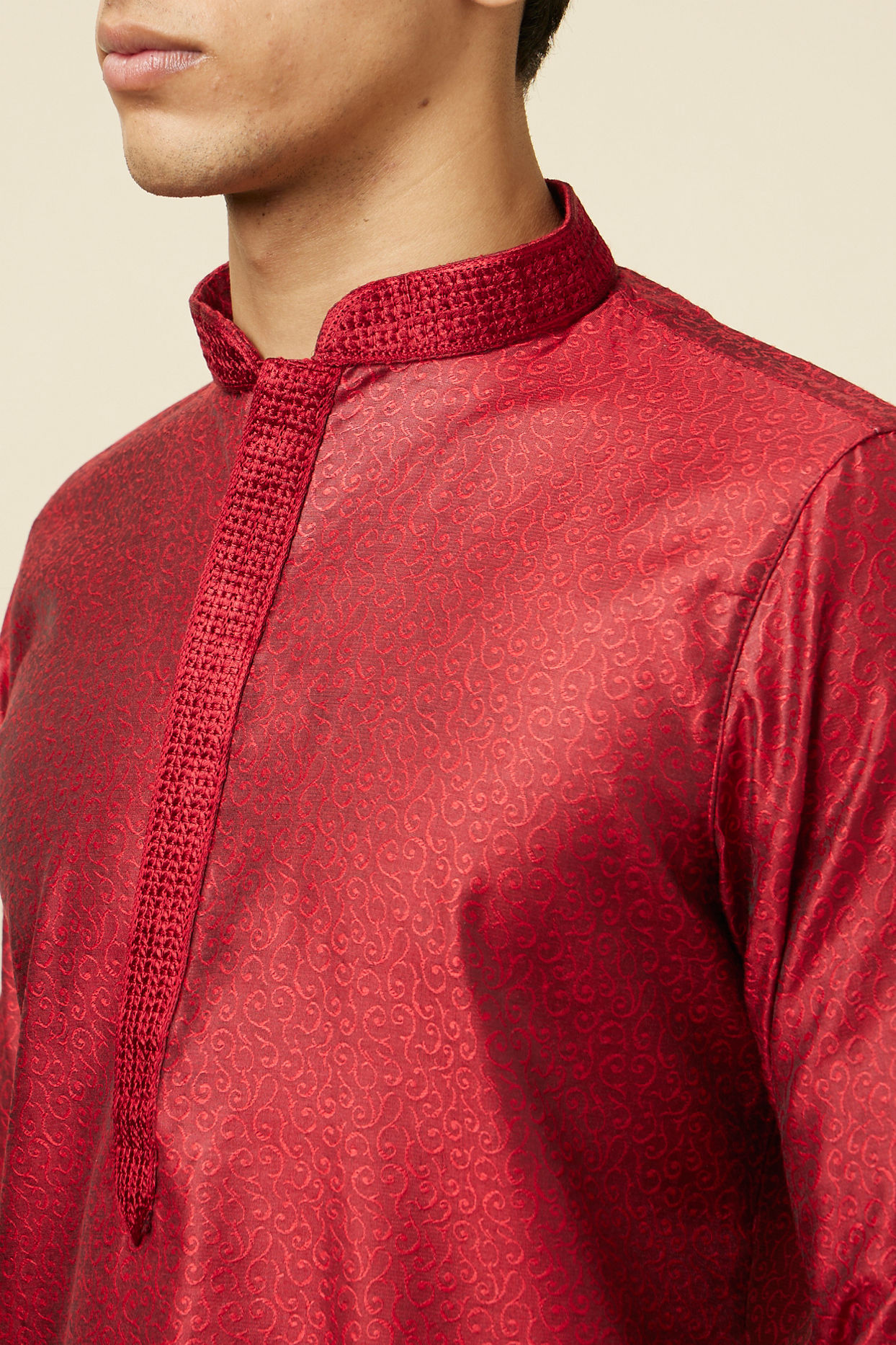 alt message - Manyavar Men Ruby Red Self Design Kurta Pajama image number 1
