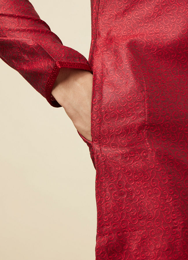 Manyavar Men Ruby Red Self Design Kurta Pajama