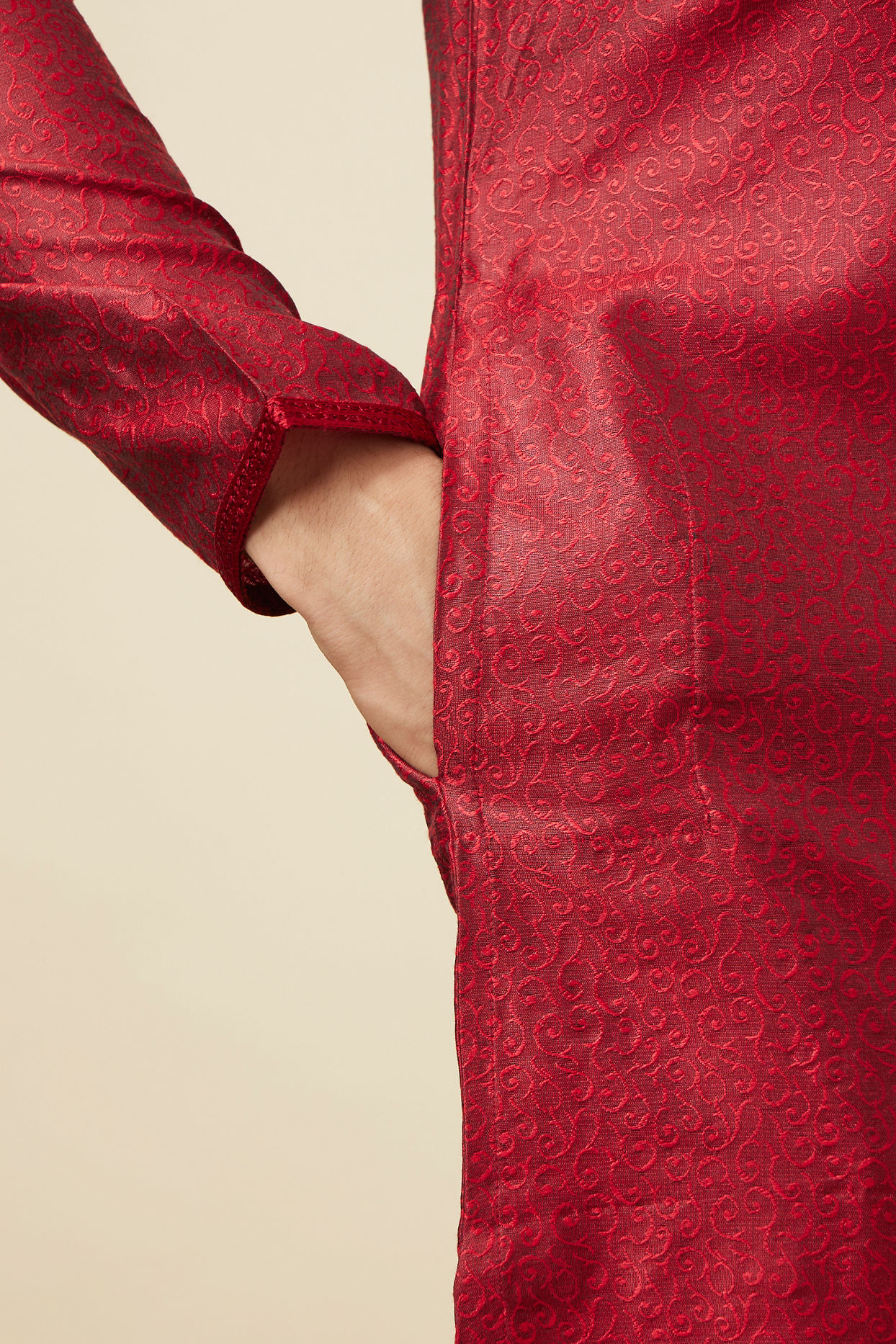 Manyavar Men Ruby Red Self Design Kurta Pajama