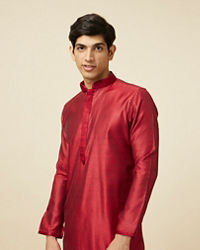 Manyavar Men Ruby Red Self Design Kurta Pajama
