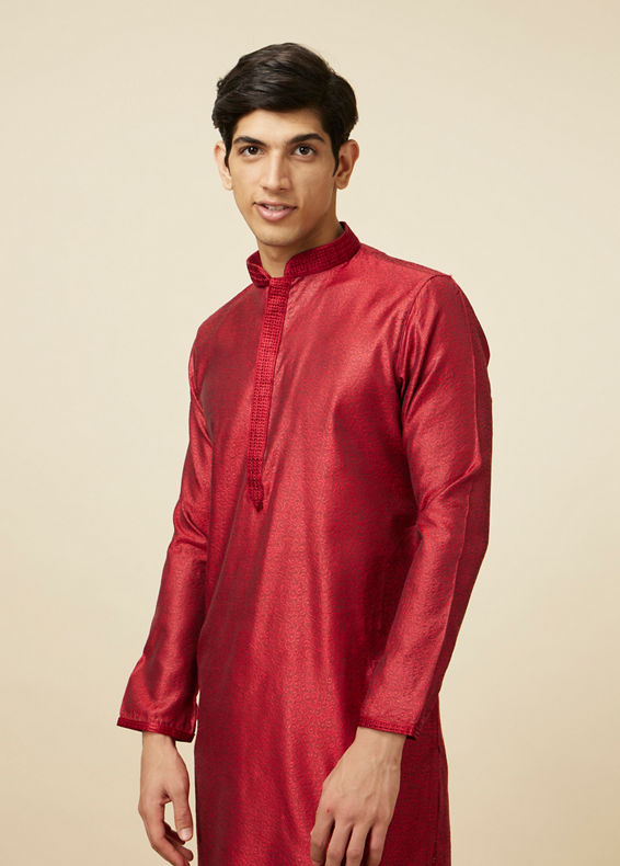 Manyavar Men Ruby Red Self Design Kurta Pajama