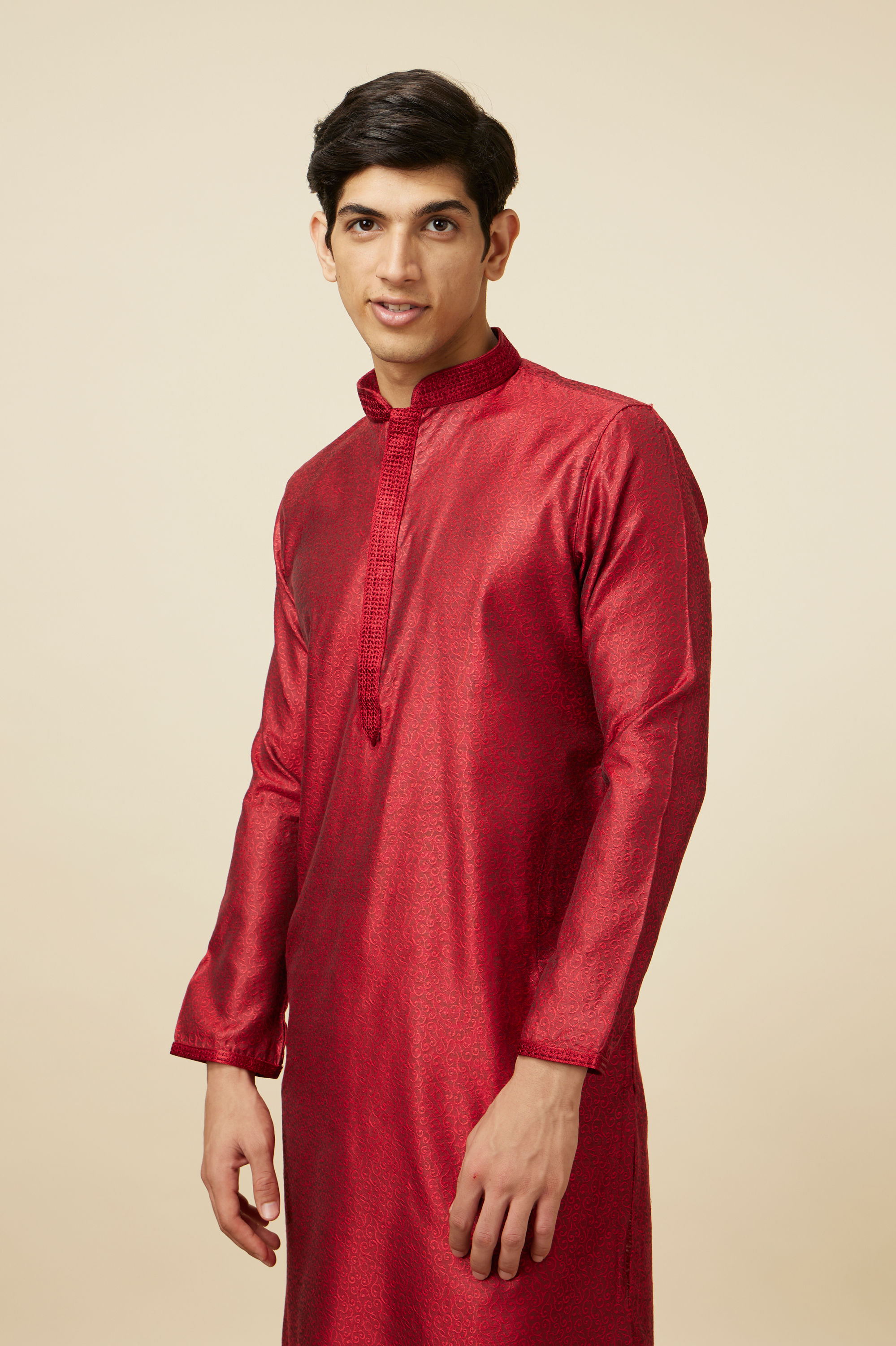 Manyavar Men Ruby Red Self Design Kurta Pajama