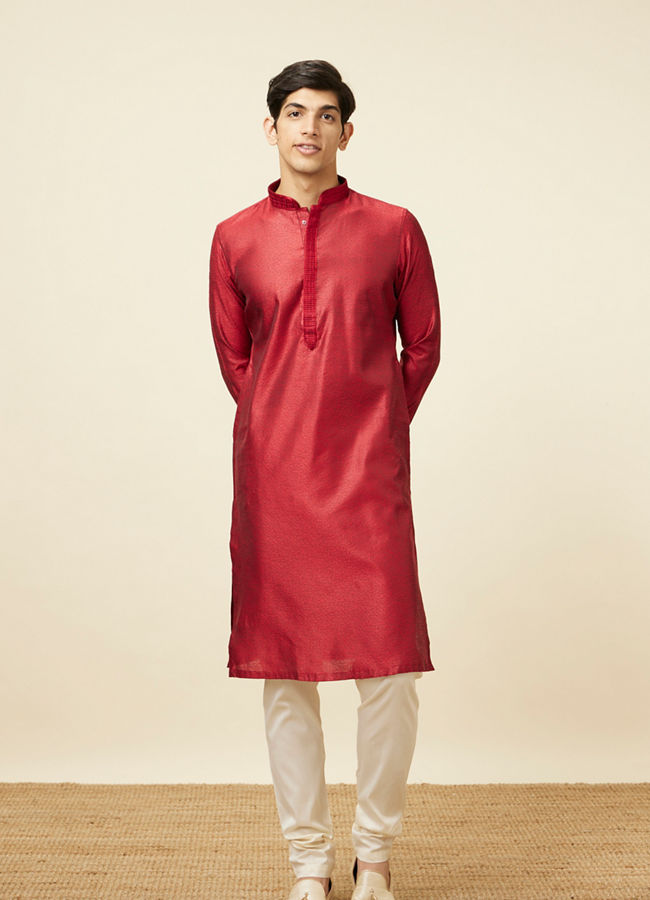 alt message - Manyavar Men Ruby Red Self Design Kurta Pajama image number 2