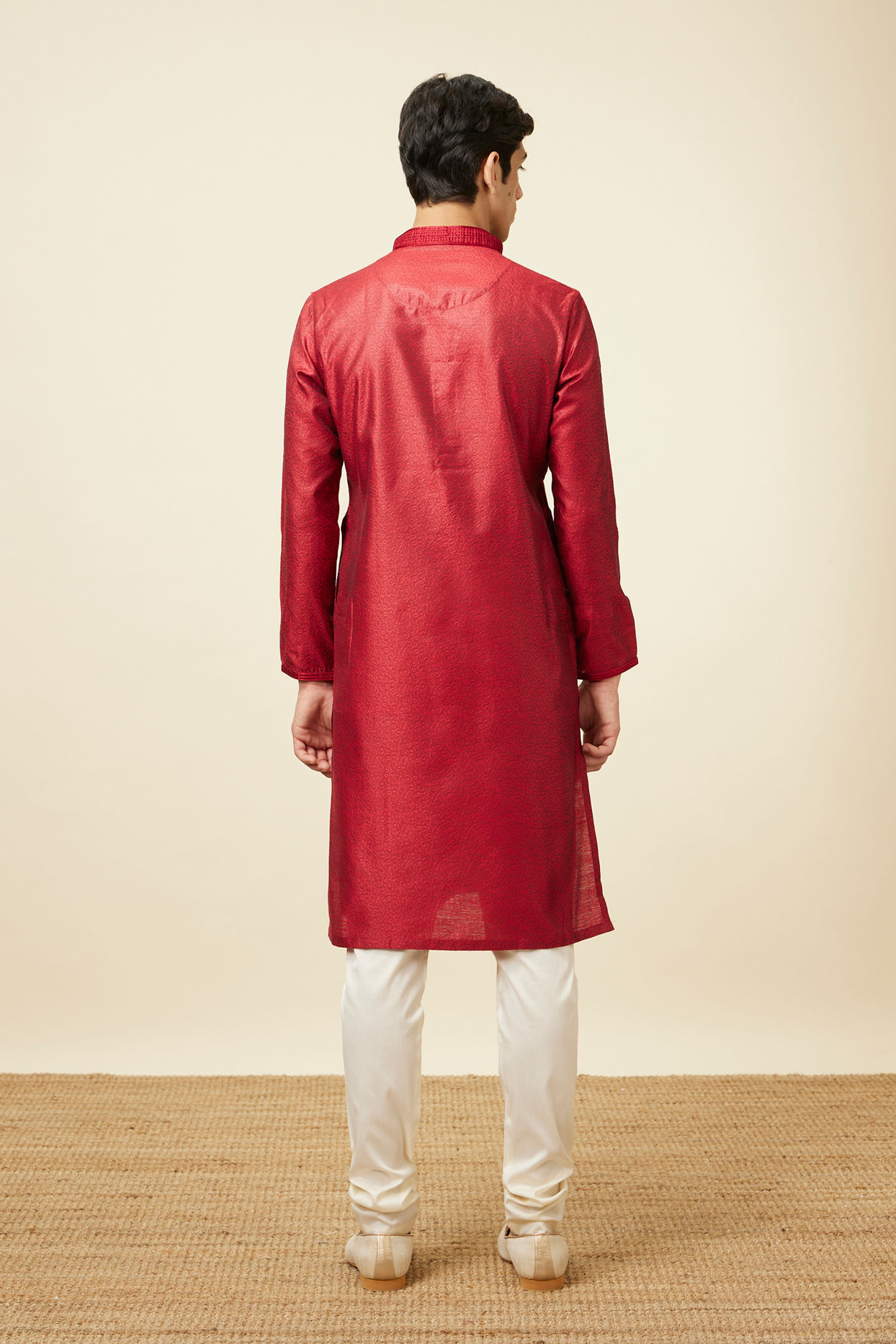 alt message - Manyavar Men Ruby Red Self Design Kurta Pajama image number 5