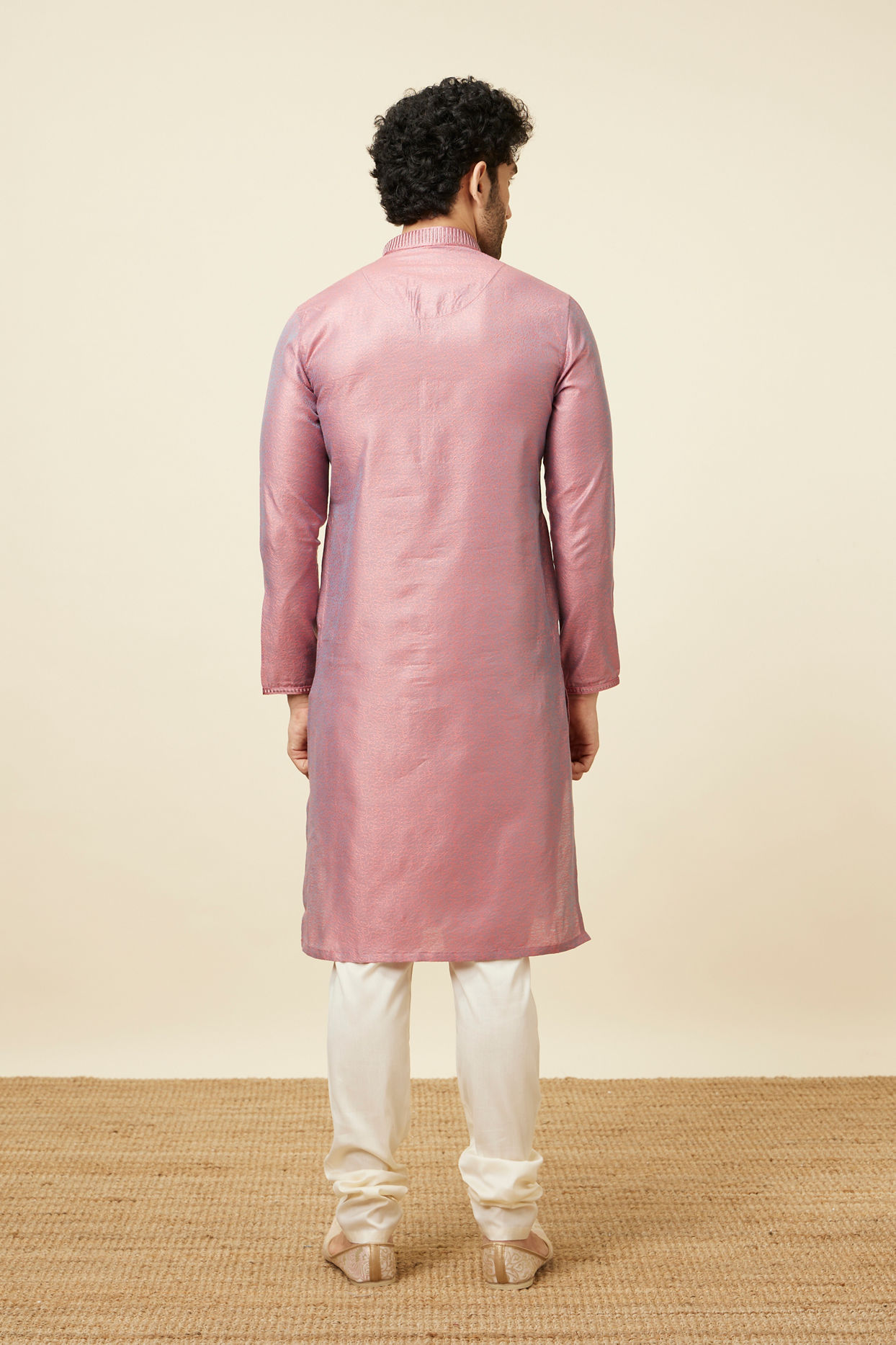 Manyavar Men Carnation Pink Self Design Kurta Pajama