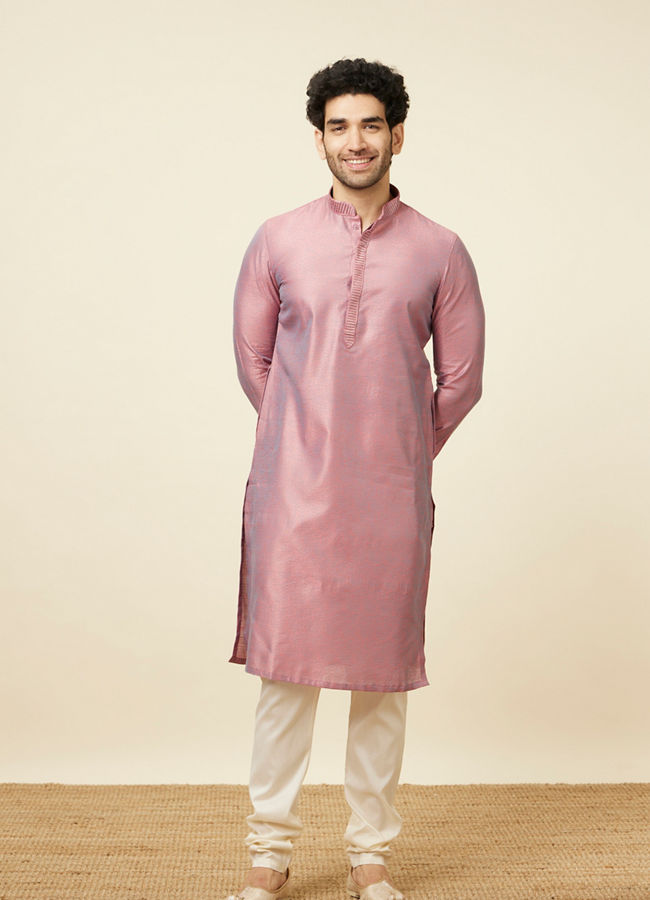 alt message - Manyavar Men Carnation Pink Self Design Kurta Pajama image number 2