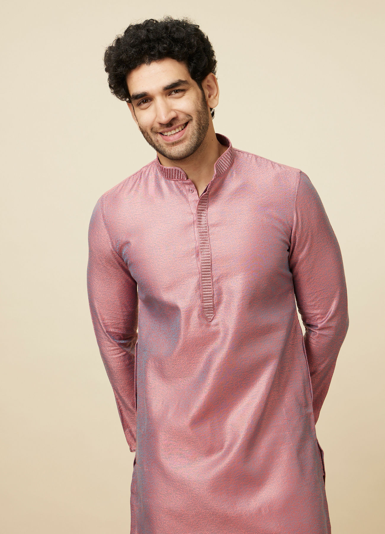 Manyavar Men Carnation Pink Self Design Kurta Pajama