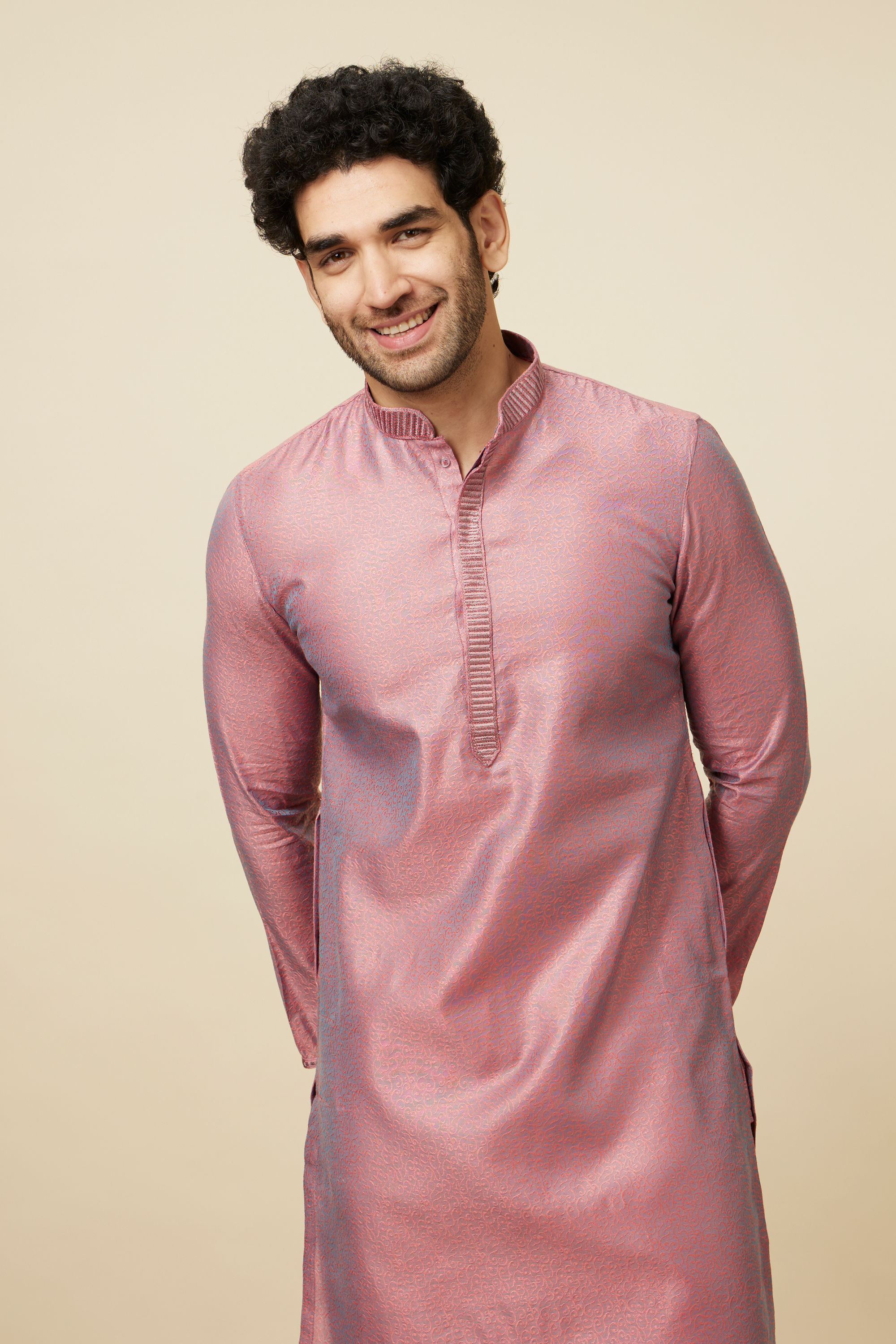 Manyavar Men Carnation Pink Self Design Kurta Pajama