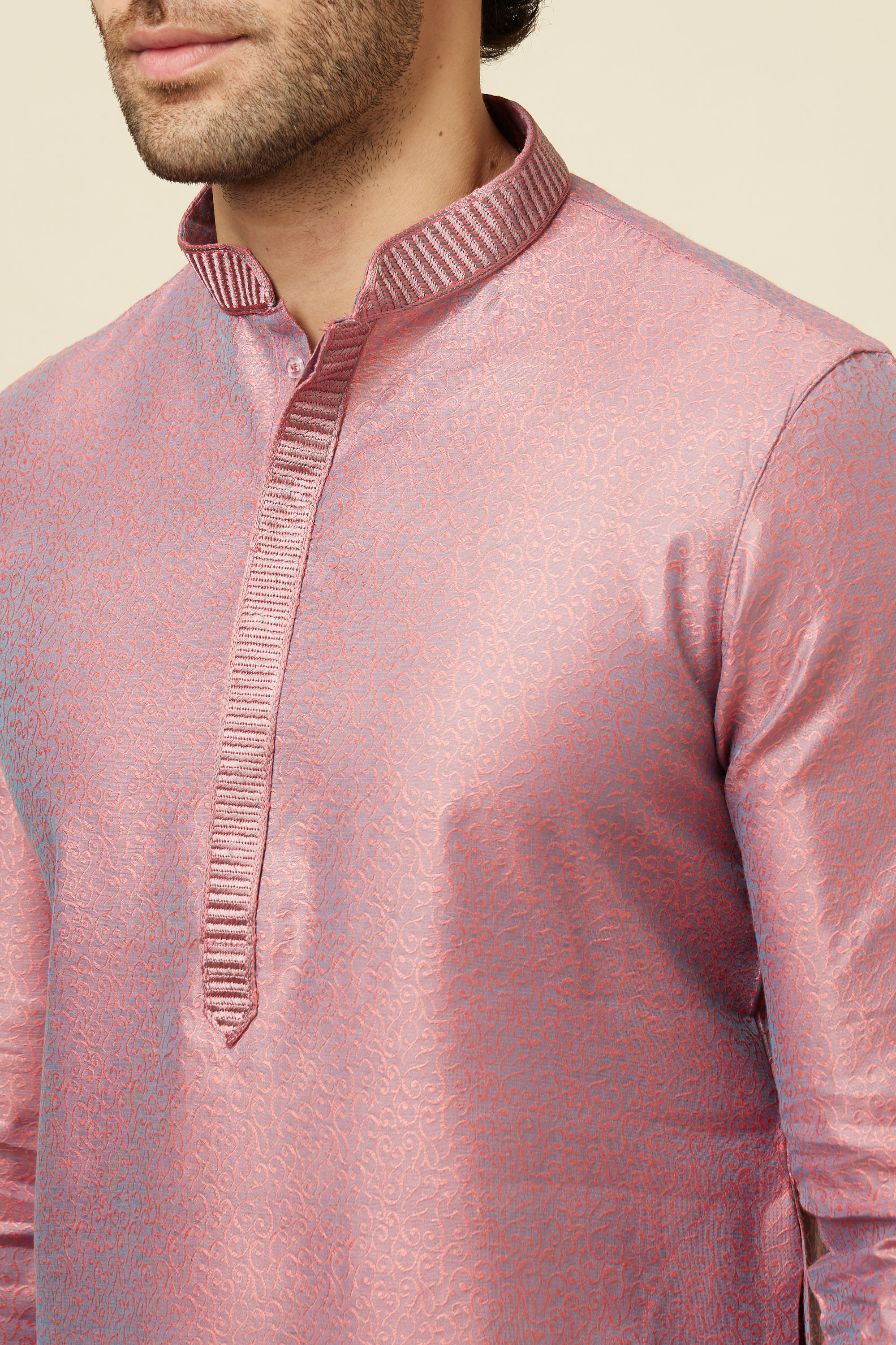 Manyavar Men Carnation Pink Self Design Kurta Pajama