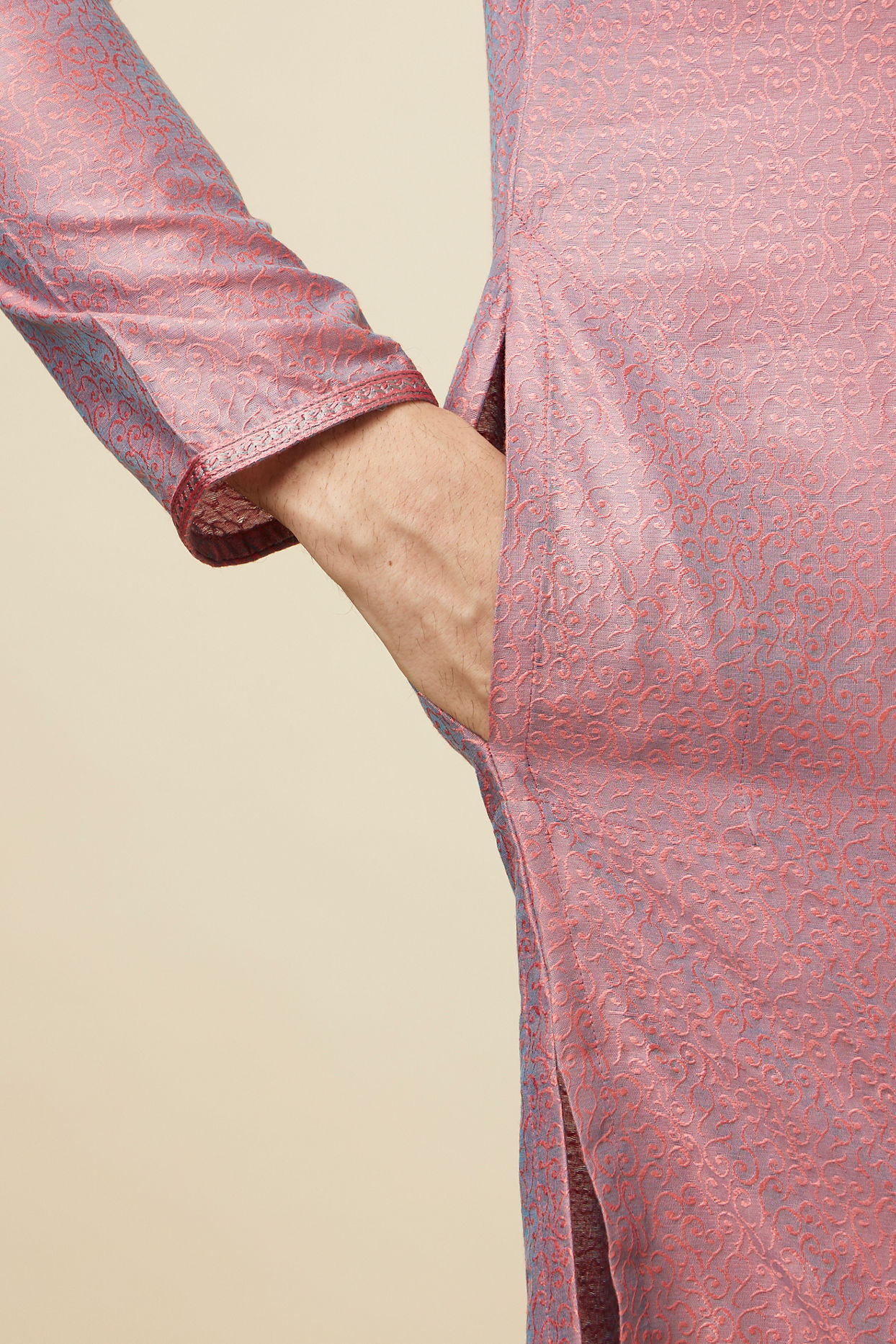 Manyavar Men Carnation Pink Self Design Kurta Pajama