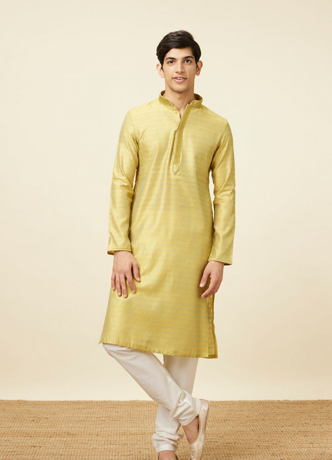 Manyavar Men Light Yellow Self Design Kurta Set