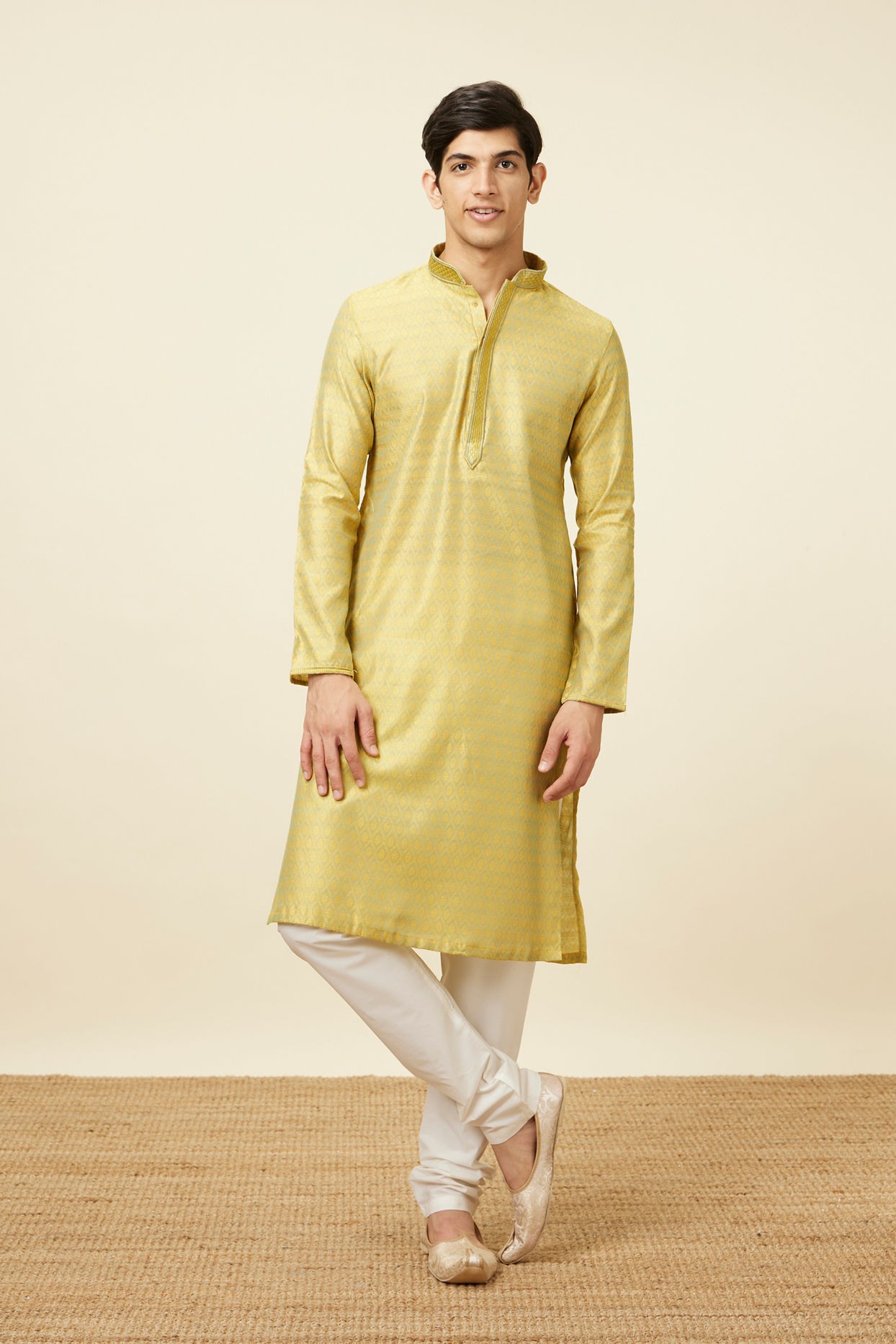 Manyavar Men Light Yellow Self Design Kurta Set