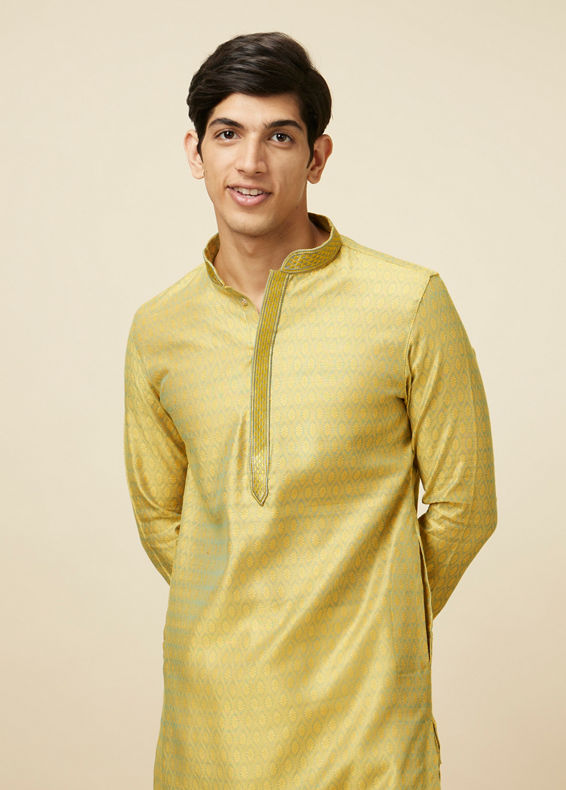 Manyavar Men Light Yellow Self Design Kurta Set