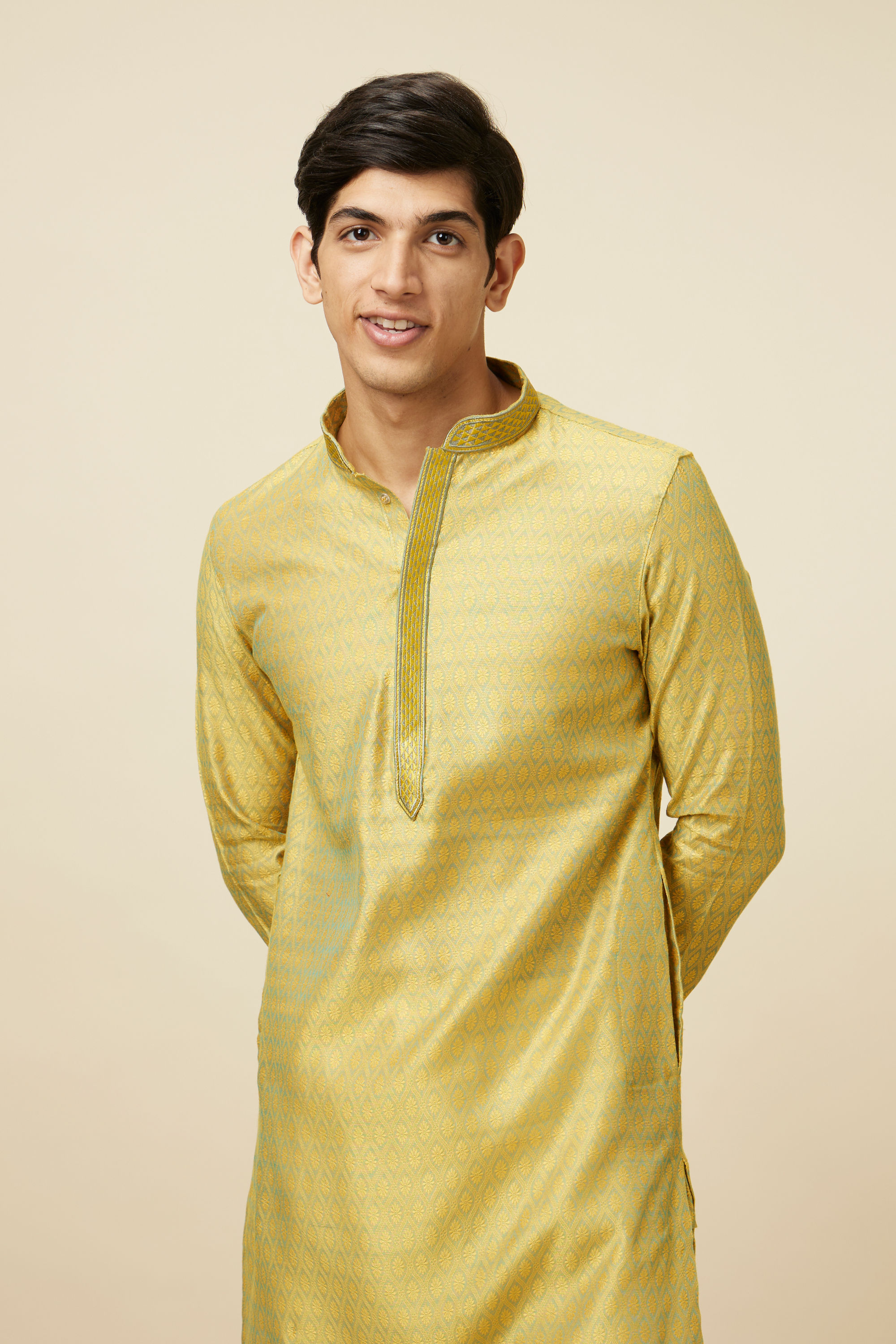 Manyavar Men Light Yellow Self Design Kurta Set