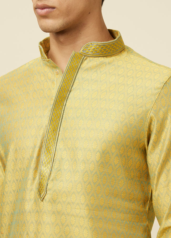 alt message - Manyavar Men Light Yellow Self Design Kurta Set image number 1