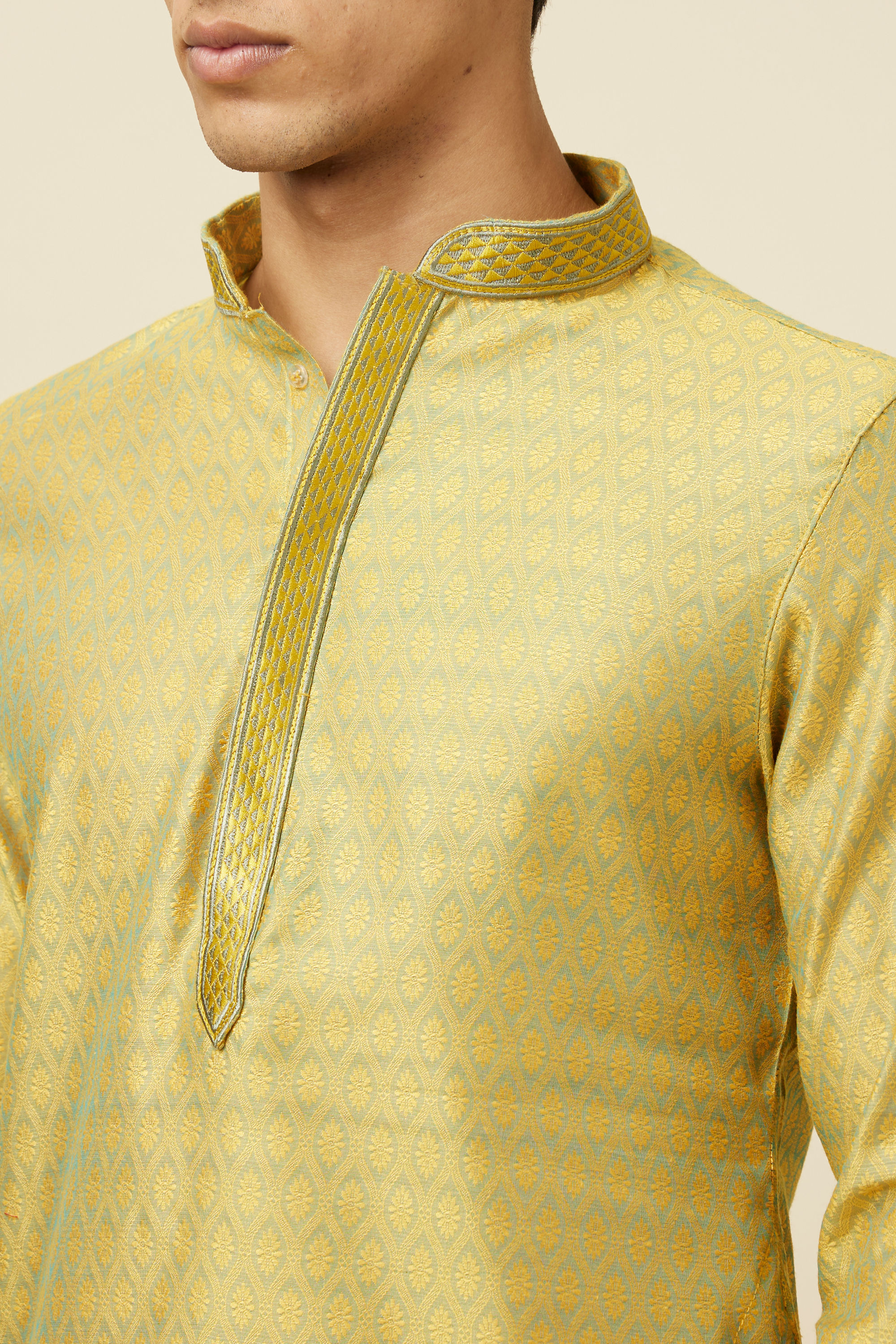 Manyavar Men Light Yellow Self Design Kurta Set